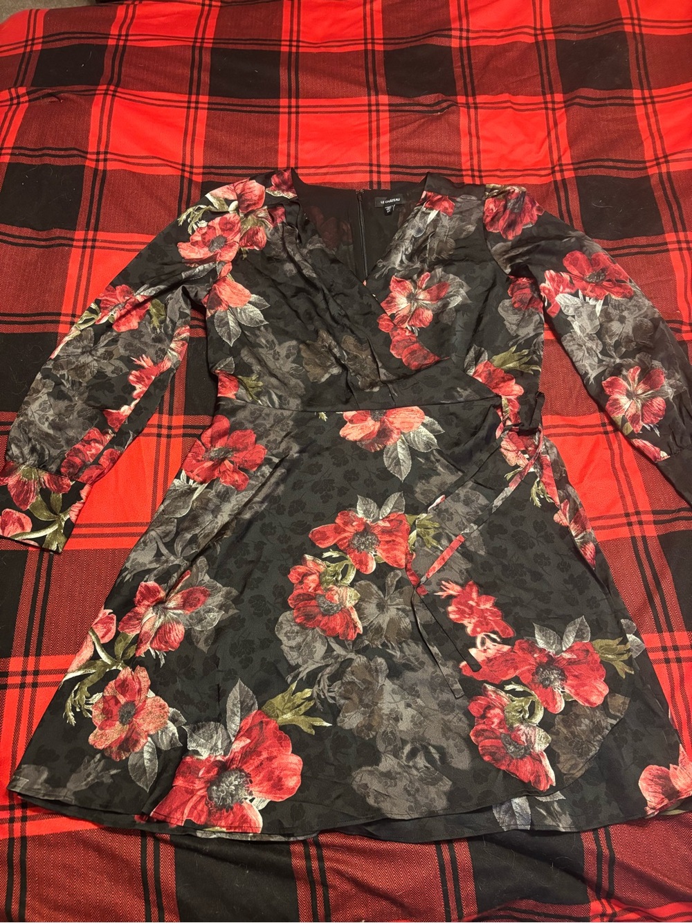 le chateau Black Wrap Dress with Red Floral Print